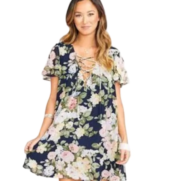 Show Me Your MuMu Kylie Navy Floral Lace-Up Mini Dress - Picture 1 of 6